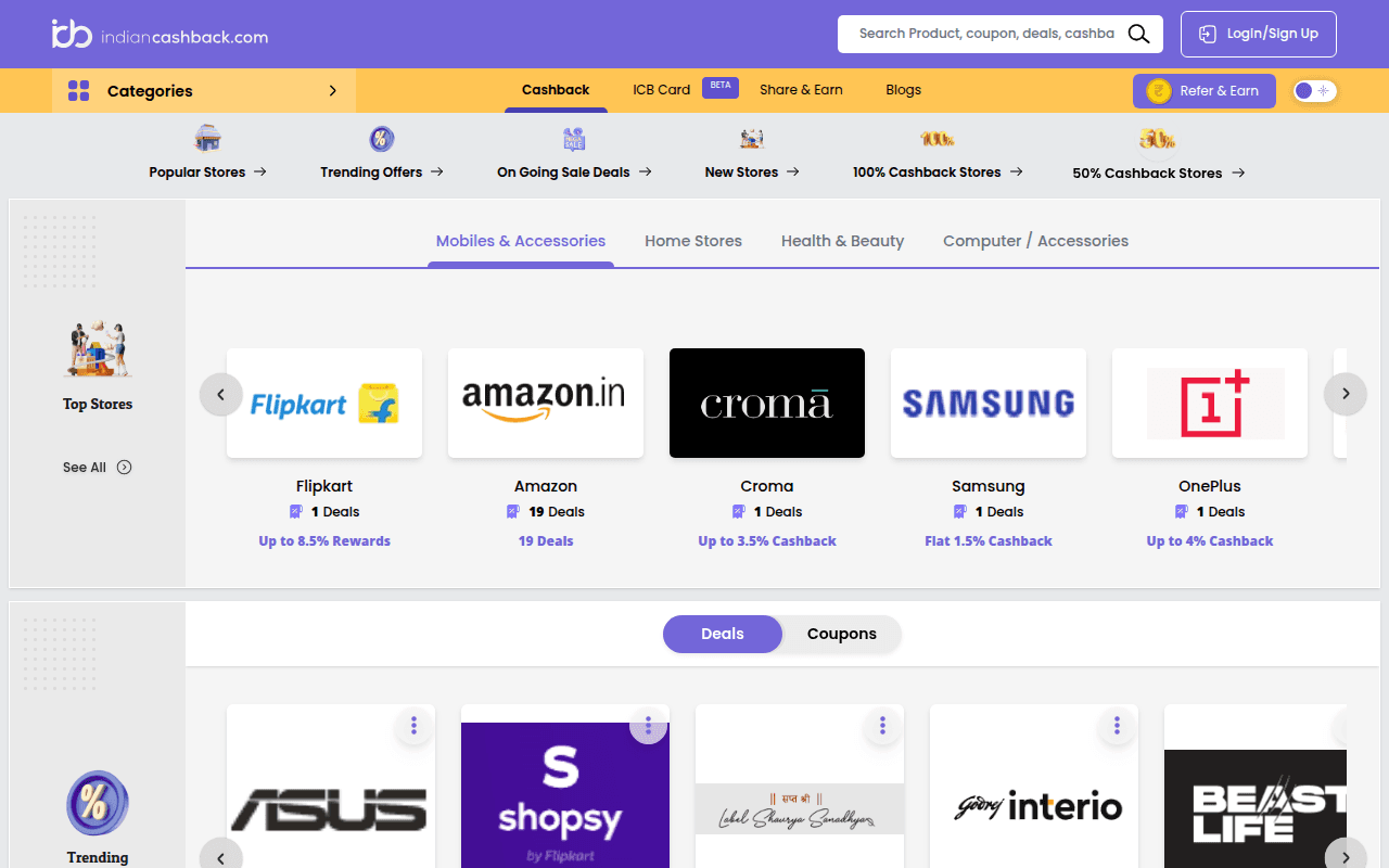 IndianCashback public website homepage